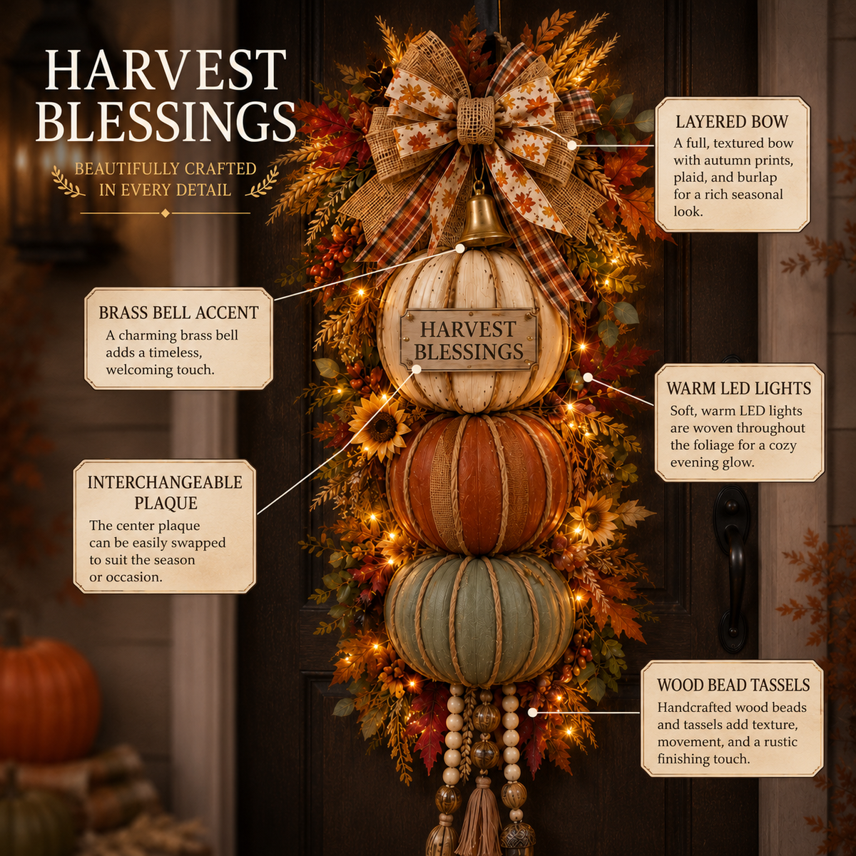 🏡ONLY DAY  60% OFF 🎃Lighted Stacked Pumpkin Fall Door Decor with 3 Seasonal Plaques